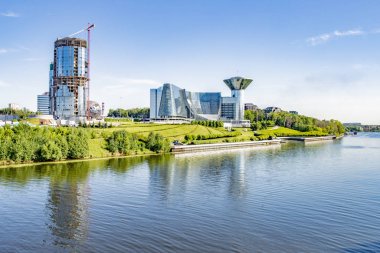 Moskova - Ağustos 01-2019 Modern Moskova 'nın kenar mahallelerinde yeni bir yerleşim alanı manzarası