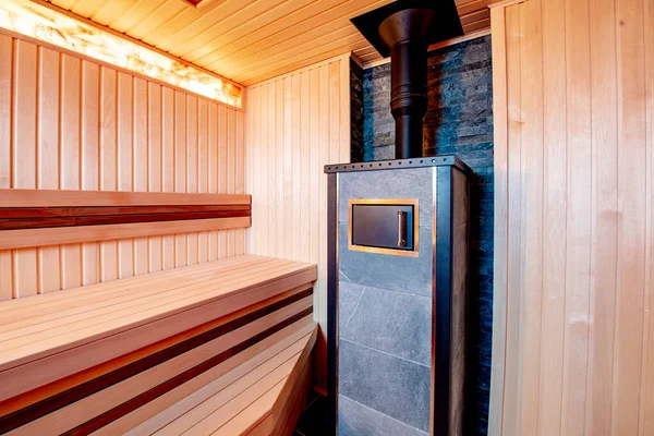 Houten Sauna Met Moderne Verlichting — Stockfoto