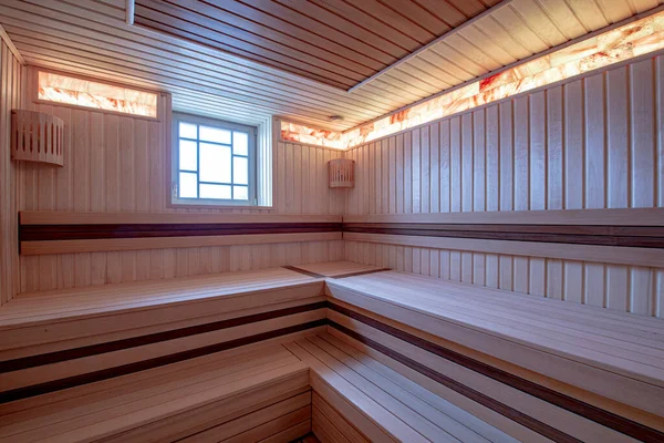 Sauna Madeira Com Iluminação Moderna — Fotografia de Stock