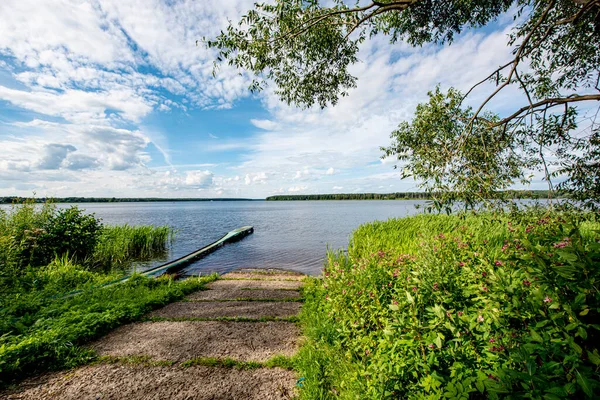 Güneşli Bir Günde Rus Volga Nehri Nin Aşırı Gelişmiş Yaz — Stok fotoğraf