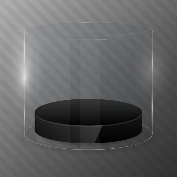 Cilindro de vidrio con podio negro. Plantilla diseño . — Vector de stock