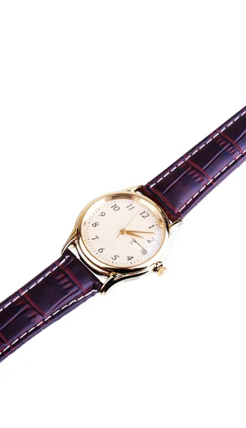 Nahaufnahme Einer Traditionellen Armbanduhr Mit Lederarmband Isoliert Auf Weiß — Stockfoto