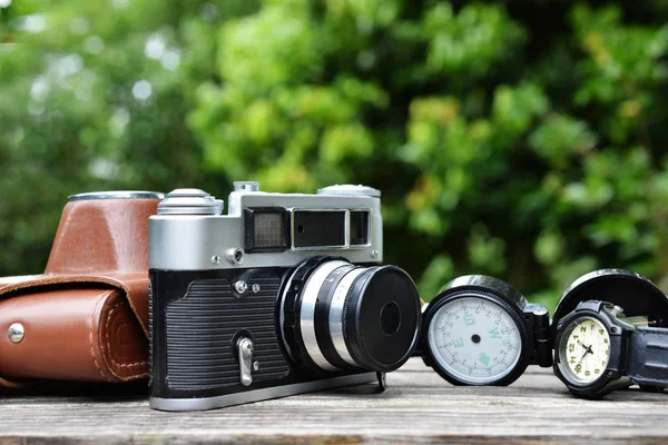 Old Camera Leather Case Compass Watch Wooden Table — Stock Photo, Image