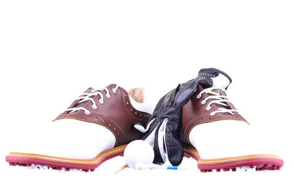 一对全新的高尔夫鞋 球手套和三通的白色隔离 — 图库照片