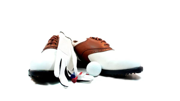 一对牛津风格的高尔夫球鞋与附件白色的配件 — 图库照片