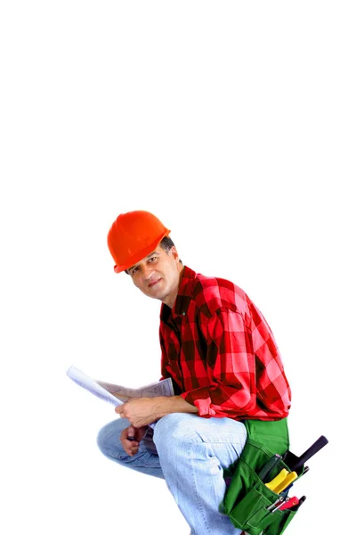 Contractor Kneeling Blueprint Tool Belt Isolated White Background — Stock Photo, Image
