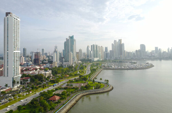 Aerial view of the beautiful skyline of Panama City and the Cinta Costera Boulevard