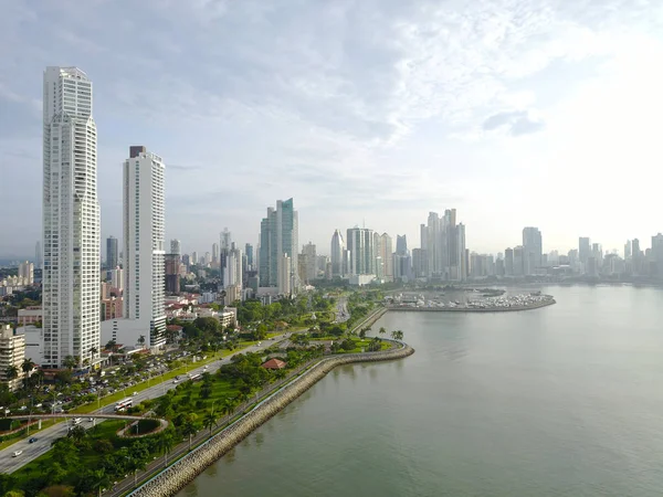 Vista Aérea Del Hermoso Horizonte Ciudad Panamá Bulevar Cinta Costera — Foto de Stock