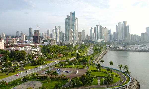 Vista Aérea Del Hermoso Horizonte Ciudad Panamá Bulevar Cinta Costera — Foto de Stock