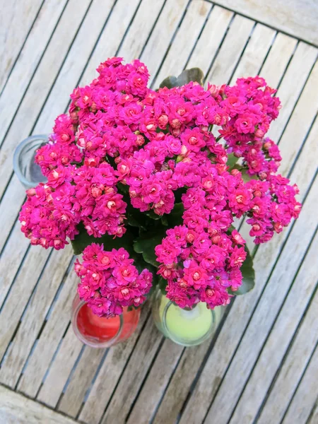 阳台上桌子上的花瓶里的紫色花 — 图库照片
