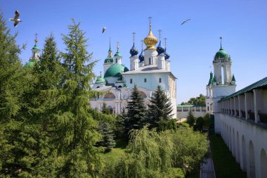 Güneşli yaz günü Spaso-Yakovlevsky Dimitriev Manastırı ve kuşlar uçuyor. Şehir, Rostov büyük. Rusya'nın altın yüzük