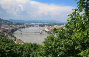 Güneşli bir yaz gününde Budapeşte manzaraları panoramik üst görünümü, Macaristan