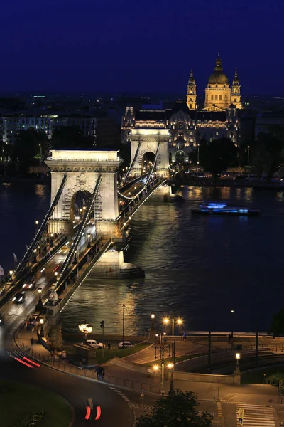 Beautiful Night View Sights Budapest Chain Bridge Stephen Basilica — Stock Photo, Image