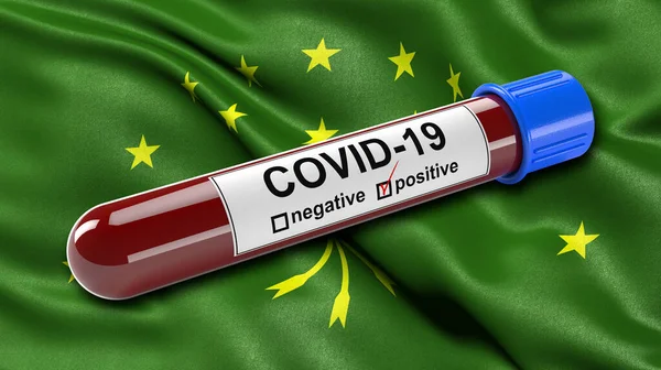 Flagga Republiken Adygea Viftar Vinden Med Positiv Covid Blodprovsrör Illustrationskoncept — Stockfoto