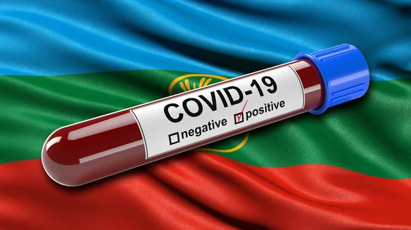 Flagga Karachay Cherkess Republiken Vinkar Vinden Med Positiv Covid Blodprovsrör — Stockfoto