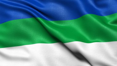 Komi Cumhuriyeti bayrağı rüzgarda dalgalanıyor. 3B illüstrasyon.