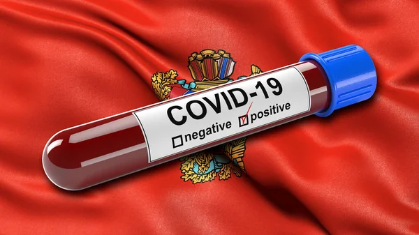 Flagga Krasnoyarsk Krai Viftar Vinden Med Ett Positivt Covid Blodprovsrör — Stockfoto