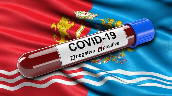 Flagga Ivanovo Oblast Viftar Vinden Med Positiv Covid Blodprovsrör Illustrationskoncept — Stockfoto