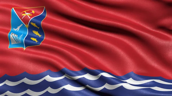 Flag of Magadan Oblast waving in the wind. 3D illustration.