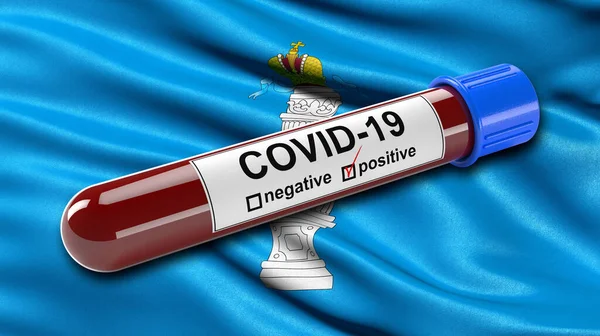 ウリヤノフスク州の旗は 正のCovid 19血液検査管で風に振っています 新しいコロナウイルスの診断のための血液検査のための3Dイラストコンセプト — ストック写真