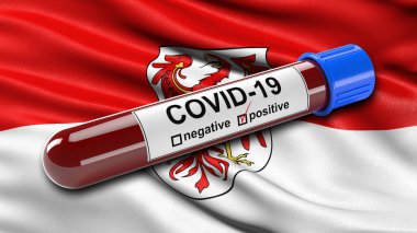 Brandenburg bayrağı pozitif Covid-19 kan testi tüpüyle rüzgarda dalgalanıyor. Yeni Corona virüsünün teşhisi için üç boyutlu illüstrasyon konsepti.