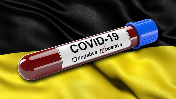 Vlag Van Baden Wuerttemberg Wapperend Wind Met Een Positieve Covid Stockfoto