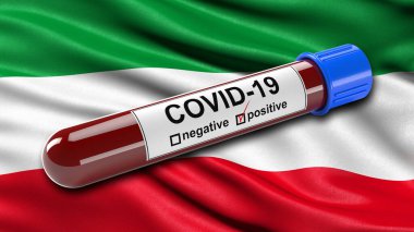 Flag of North Rhine-Westphalia waving in the wind with a positive Covid-19 blood test tube. 3D illustration concept for blood testing for diagnosis of the new Corona virus. clipart