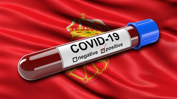 Navarra Szövetség Zászlaja Integet Szélben Egy Pozitív Covid Vérkémcsővel Illusztráció — Stock Fotó
