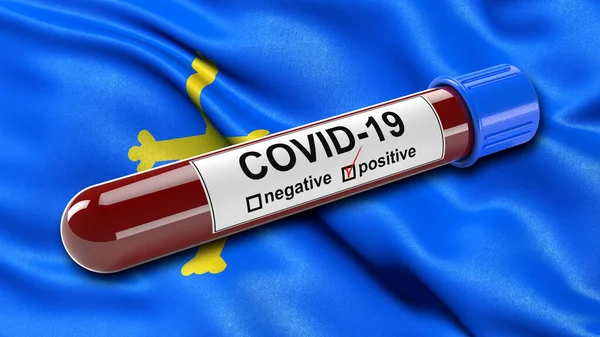 Flagga Furstendömet Asturien Viftar Vinden Med Positiv Covid Blodprovsrör Illustrationskoncept — Stockfoto