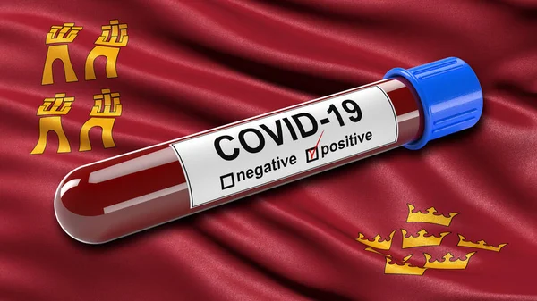 Murcia Régió Zászlaja Integet Szélben Egy Pozitív Covid Vérkémcsővel Illusztráció — Stock Fotó