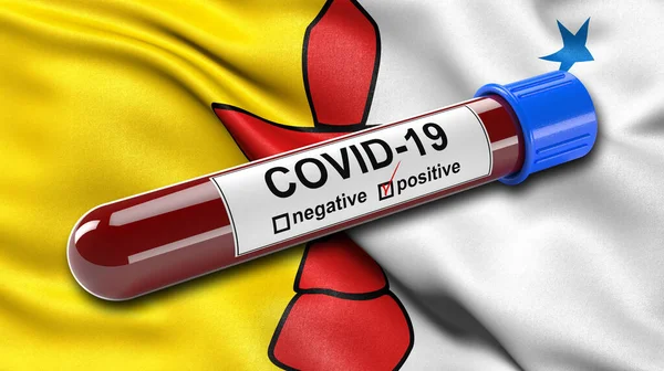 Flagga Nunavut Viftar Vinden Med Positiv Covid Blodprovsrör Illustrationskoncept För — Stockfoto