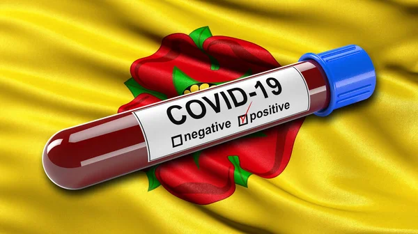 Flagga Lancashire Viftar Vinden Med Ett Positivt Covid Blodprovsrör Illustrationskoncept — Stockfoto