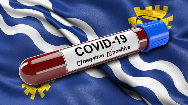 Merseyside Zászlója Lengett Szélben Egy Pozitív Covid Vérvizsgálóval Illusztráció Koncepció — Stock Fotó