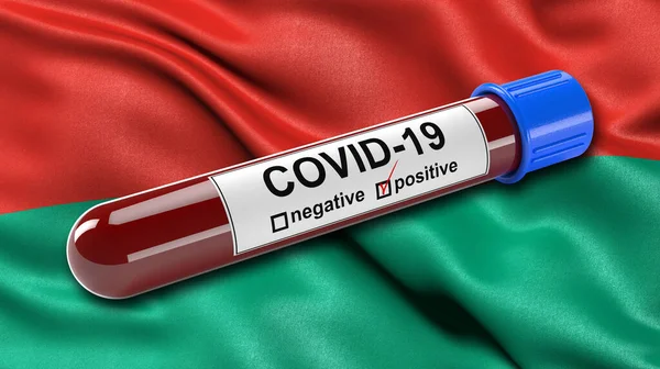 プラスのCovid 19血液検査管で風になびくラパスの旗 新しいコロナウイルスの診断のための血液検査のための3Dイラストコンセプト — ストック写真
