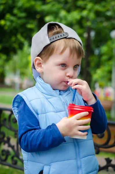 Gentil Garçon Deux Ans Dans Gilet Bleu Casquette Trouve Dans — Photo