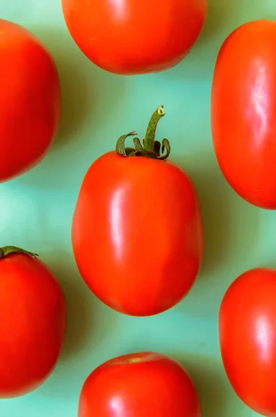 Een Heleboel Heldere Rode Sappige Tomaten Een Groene Achtergrond Minimalistische — Stockfoto