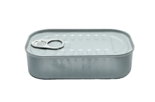Silver Rectangular Tin Can Empty Fish Isolated White Background — Stock Photo, Image