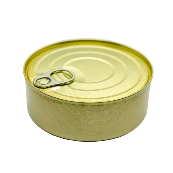 Golden Tin Can Empty Fish Meat Seafood Isolated White Background — Stock Photo, Image