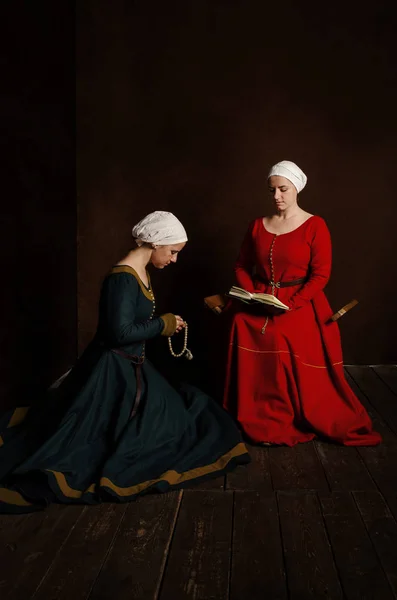 Deux sœurs (jumelles) en costumes médiévaux jouent la noblesse. Même — Photo