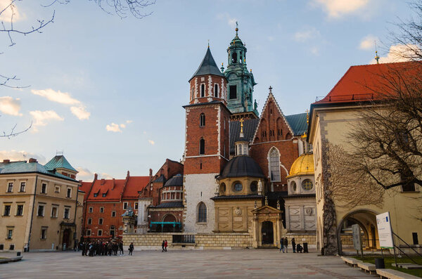 Krakow Wawel Castle at sunset at the end of February, calm warm 