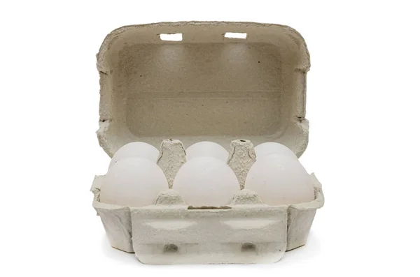 Cardboard tray for six (6) eggs isolated on a white background. — Stock Photo, Image