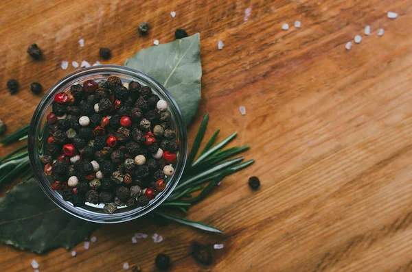 Pepper; mix; black; wooden; background; spice; red; food; salt; — Stock Photo, Image