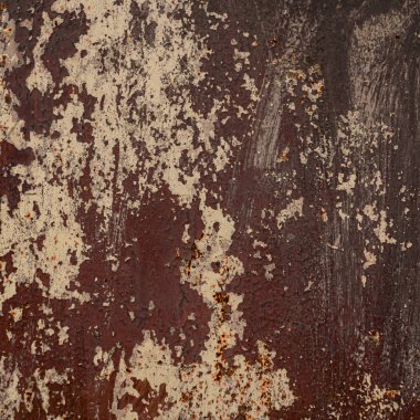 Eski eski paslı metal duvar. Shabby, çatlamış kahverengi boya. Grunge