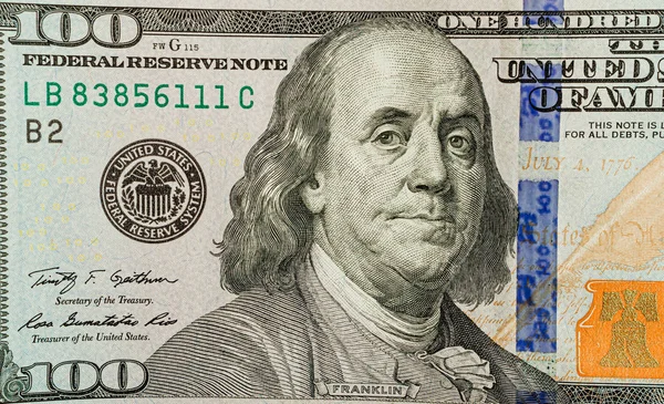 US 100 dollar bill close up, USA federal fed reserve note fragme — Stock Photo, Image