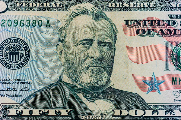 Projeto de lei de 50 dólares dos EUA de perto, EUA Federal Federal Federal Feed Reserve Note Fragmen — Fotografia de Stock
