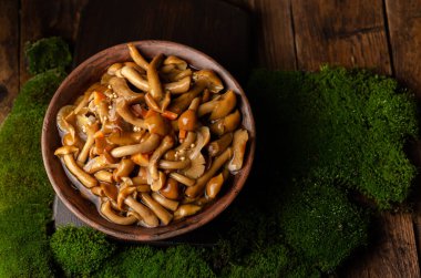 Yaban mantarlı (bal mantarlı) büyük bir kil kase yeşil yosunlu eski bir ahşap masanın üzerinde duruyor. Çevre ürünleri, doğal toplanma, doğal gıdalar.