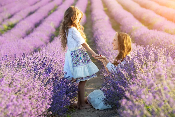 Vacker flicka på ett fält med lavendel. — Stockfoto