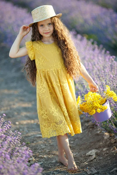 Mooi meisje in een veld met lavendel. — Stockfoto