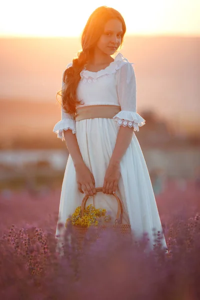 Vacker flicka på ett fält med lavendel. — Stockfoto