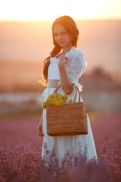 Krásná dívka v poli s levandulí. — Stock fotografie